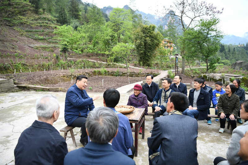 2019年4月15日至17日，中共中央總書記、國家主席、中央軍委主席習(xí)近平在重慶考察，并主持召開解決“兩不愁三保障”突出問題座談會。這是4月15日下午，習(xí)近平在石柱土家族自治縣中益鄉(xiāng)華溪村同村民代表、基層干部、扶貧干部、鄉(xiāng)村醫(yī)生等圍坐在一起，共話脫貧攻堅(jiān)。新華社記者 謝環(huán)馳 攝